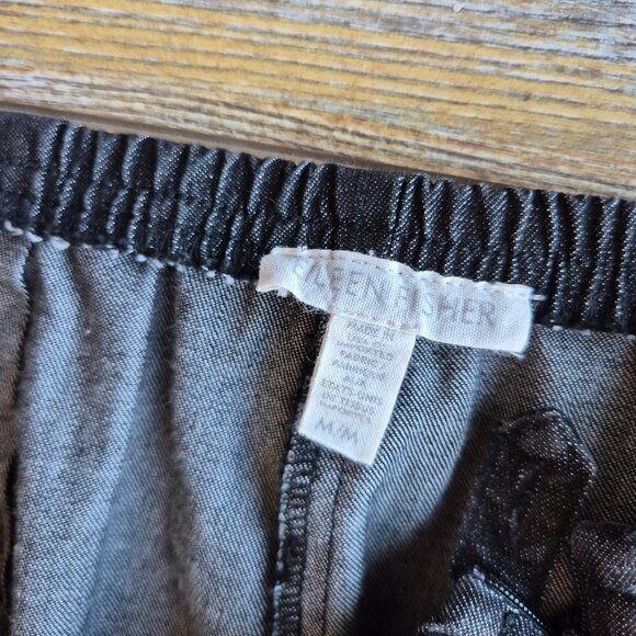 EILEEN FISHER Cotton Blend Black Chambray Tapered Ankle Pants Elastic-Waist Zip - Picture 6 of 10